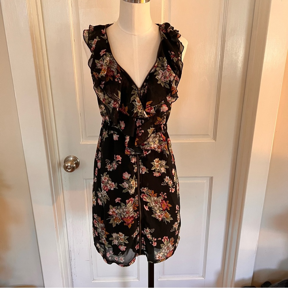 Needle & Thread Zip Front Ruffle Black Floral Chiffon Dress Small